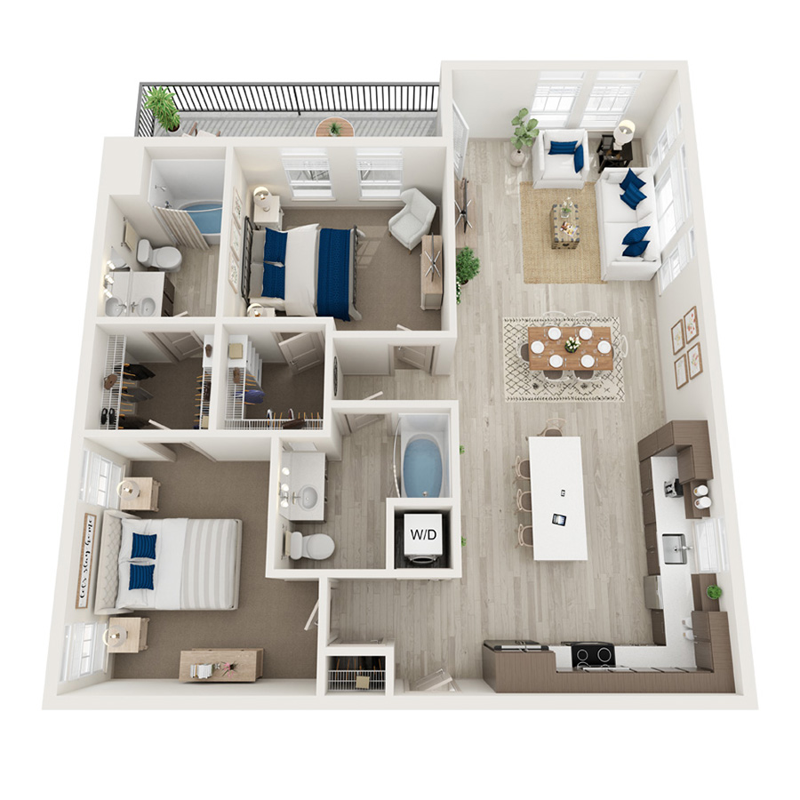 Rendering of the B5 floor plan with 2 bedroom[s] and 2 bathroom[s] at Element 79