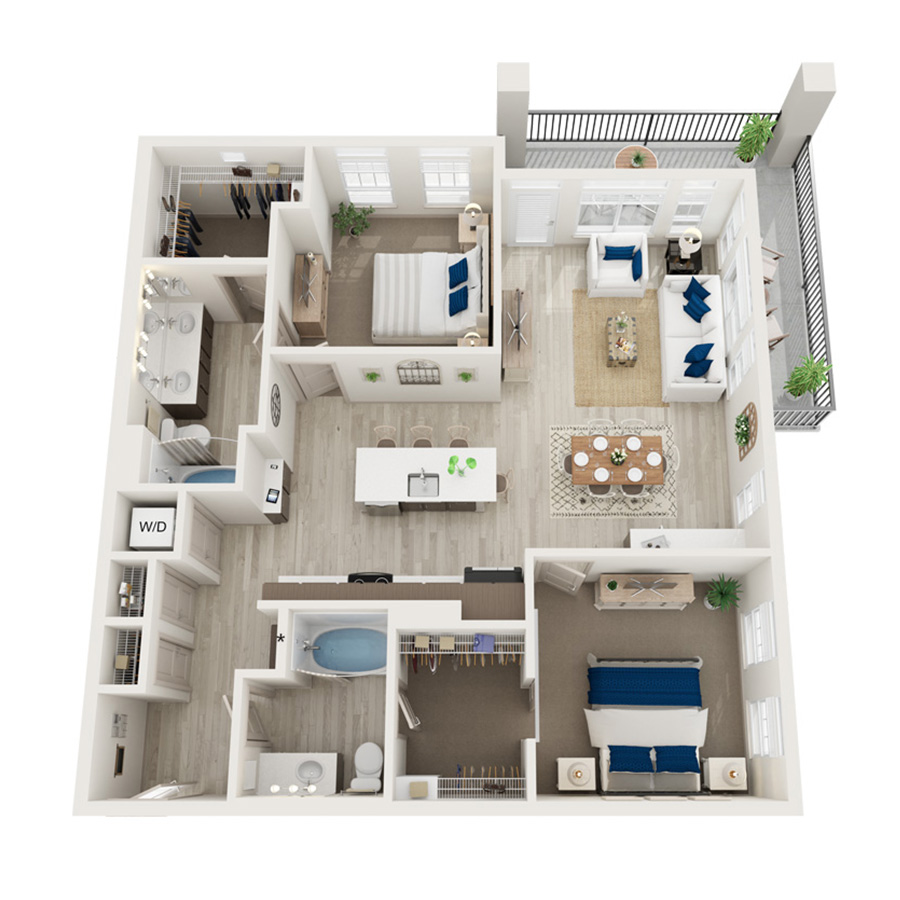 Rendering of the B3 floor plan with 2 bedroom[s] and 2 bathroom[s] at Element 79