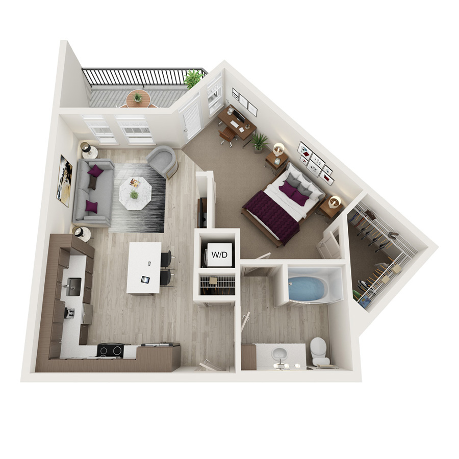 Rendering of the A2 floor plan with 1 bedroom[s] and 1 bathroom[s] at Element 79